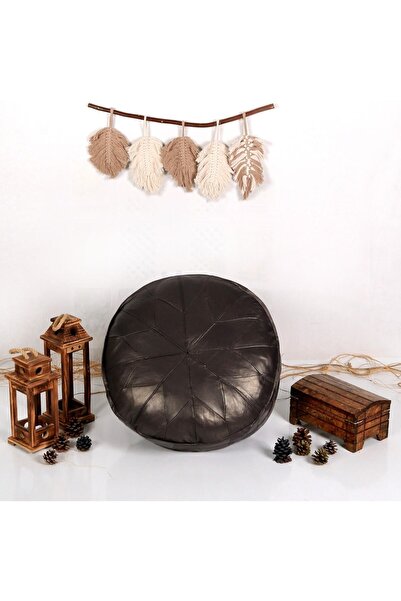 Ottoman Pouffe El Yapımı Derisi Bahçe Balkon Bungalov Puf Yer Minderi Gri Özel Seri 60x30cm(DOLGULU)