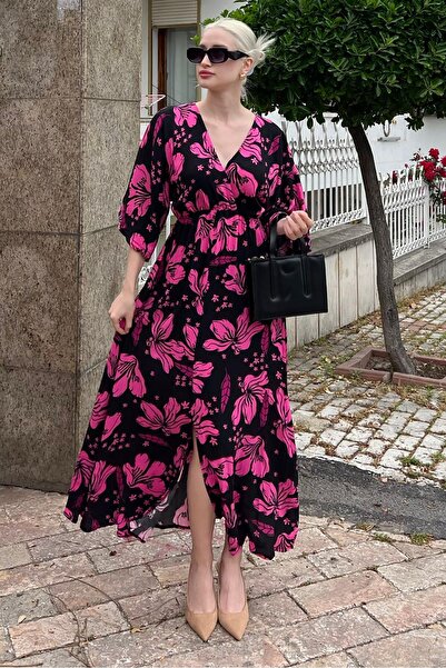 Madmext Ροζ μακρύ γυναικείο φόρεμα με σχέδιο σε σχήμα V MG2076