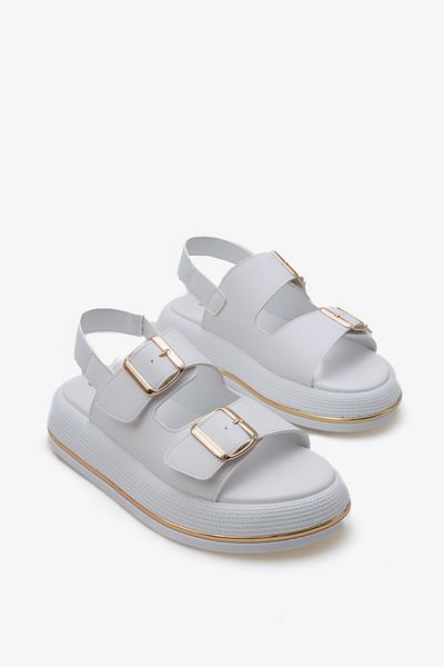 LOJO Sandale de zi cu zi pentru femei, cu curele duble, cu cataramă aurie, cu talpă groasă, Limbo White
