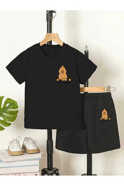 vinraus Girl\Boy Black Capybara Apple Printed Combed Cotton Shorts-Tshirt Set