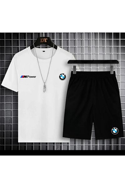NEW TRENDY COLLECTİON New Season Mpower Printed Oversize T-Shirt - Slim Fit Cotton Shorts 2-Piece Set