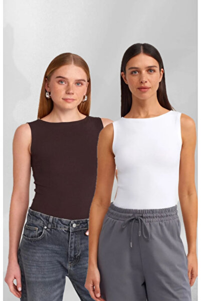 ZUXO Boat Neck 2 Piece Sleeveless Brown White