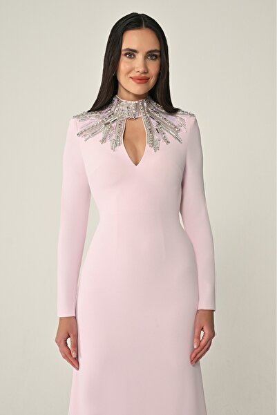 ALFABETA KADIN ABİYE UZUN KOLLU ÜST AKSESUARLI SIRT DEKOLTELİ ŞIK KREP UZUN ELBİSE