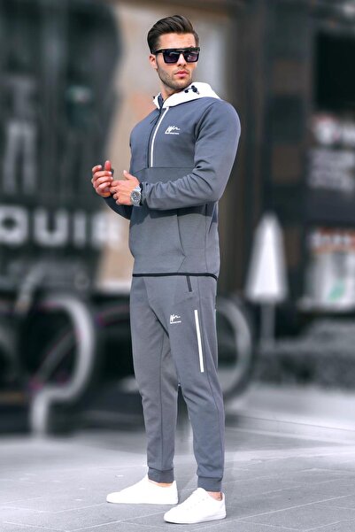 Madmext Ανδρική αθλητική φόρμα 6843 - Καπνιστή, με φερμουάρ και κουκούλα