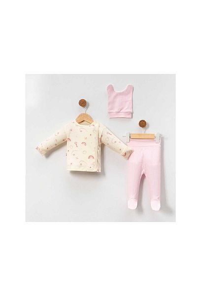 TRENDİMİZBİR Unisex Baby Pink Sky Patterned 3-Piece Hospital Outfit Set