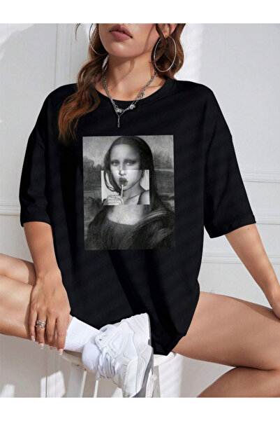 Revasser Unisex Erkek/Kadın MONALİSA Özel Baskılı Oversize Pamuklu Bisiklet Yaka T-Shirt