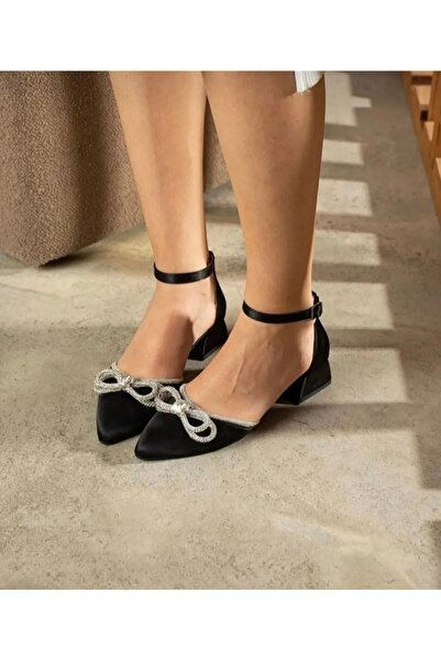 LARİNA SHOES SATIN SHORT HEELED WOMEN'S SHOES WITH BOW AND STONE DETAIL
