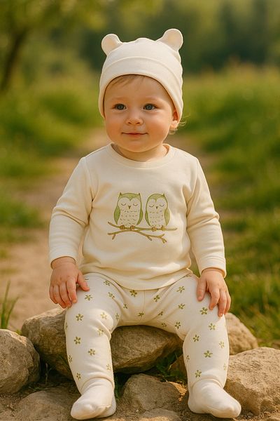 TRENDİMİZBİR Bird Embroidered Unisex 3-Piece Baby Bodysuit Set - Green