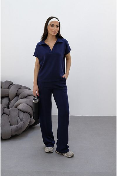 veres Women's Navy Blue Comfortable Stretchy Knitted Polo Neck Tshirt and Loose Wide Leg High Waist Sweatpants Bottom-Top Set
