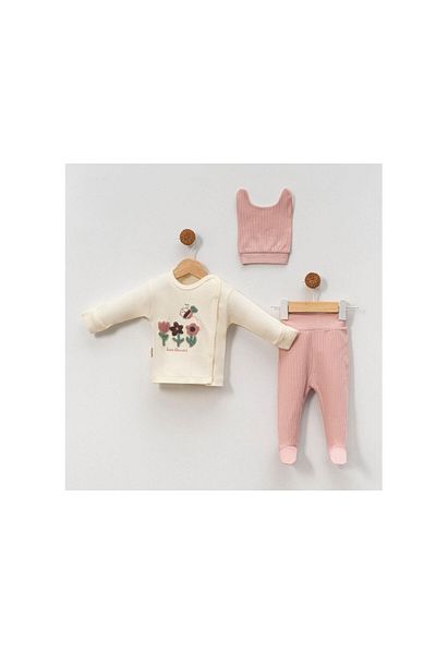 TRENDİMİZBİR Tulip Bee Embroidered Baby Girl 3-Piece Hospital Outfit Set - Powder