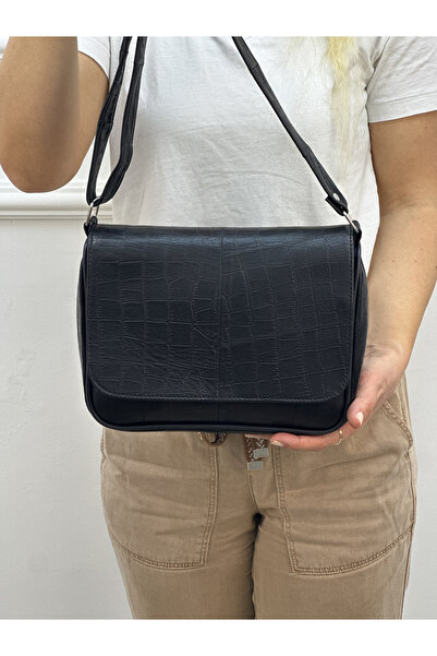 Deribag Genuine Leather, Cross Strap, Daily Bag, Women's Shoulder Bag, Black Patterned 25*21*8 cm