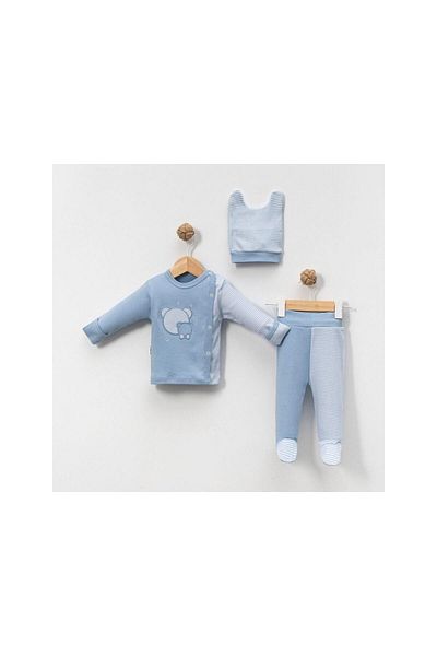 TRENDİMİZBİR Striped Mouse Embroidered Baby Boy 3-Piece Bodysuit Set - Blue