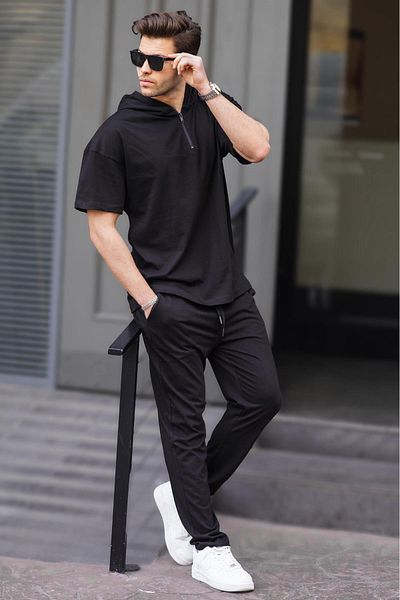 Madmext Men's Black Over Fit Hooded Tracksuit Set 5944
