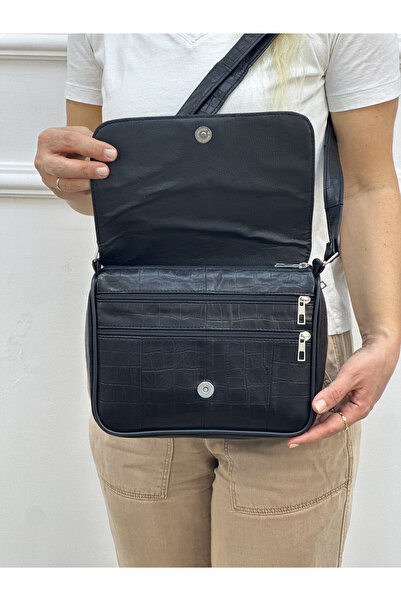 Deribag Genuine Leather, Cross Strap, Daily Bag, Women's Shoulder Bag, Black Patterned 25*21*8 cm