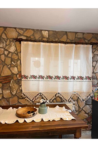 DENBU TEKSTİL Kırmızı Kaneviçeli Buldan işi El Dantelli Kaneviçeli Keten Perde