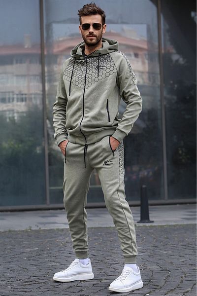 Madmext Khaki Printed Hooded Tracksuit Set 5906