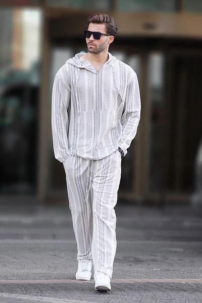 Madmext Σετ φόρμας με κουκούλα σε γκρι ύφασμα Jacquard - Λεπτομέρεια τσέπης 5958