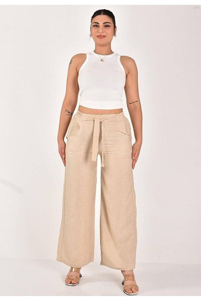 MİRA BUTİK Linen Pants Large Size Comfortable Fit Pocket Waist Elastic Size 40-50