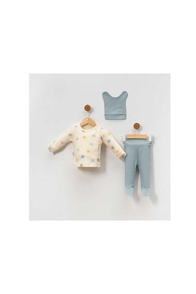 TRENDİMİZBİR Colorful Stars Patterned Unisex Baby 3-Piece Hospital Outfit Set - Indigo
