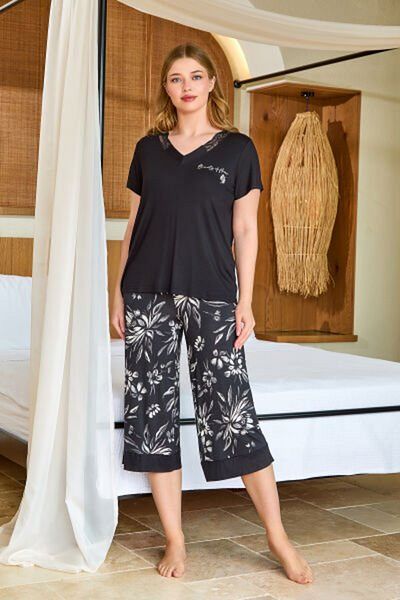 Cossy By Aqua 25693 Women's Black Short Sleeve Pajamas Vislon Capri Set (Wide Size Range)