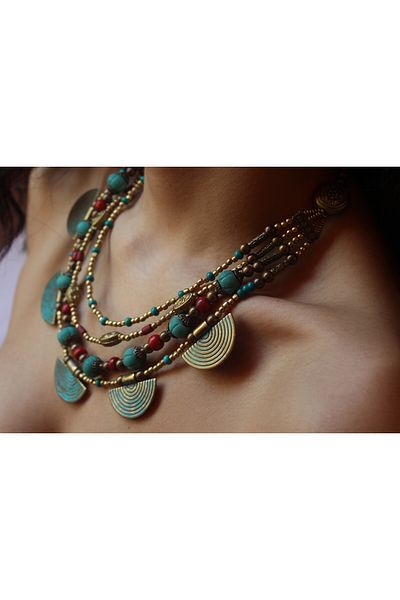 dela otantik Handmade Turquoise Color Authentic Beaded Women's Necklace - Multi-Row Bohemian Vintage Indian Large Jewelry
