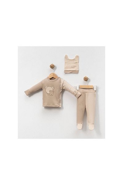 TRENDİMİZBİR Striped Mouse Embroidered Baby Boy 3-Piece Bodysuit Set - Brown