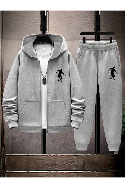 NEW TRENDY COLLECTİON Basketball Silhouette Printed Tracksuit Set – Hooded Zippered Sweat Jacket & Jogger Sweatpants