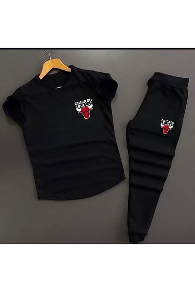 NEW TRENDY COLLECTİON Unisex Black Bulls Printed Slim Fit T-Shirt - Black Slim Fit Sweatpants Combination Bottom Top Set 2 Pieces