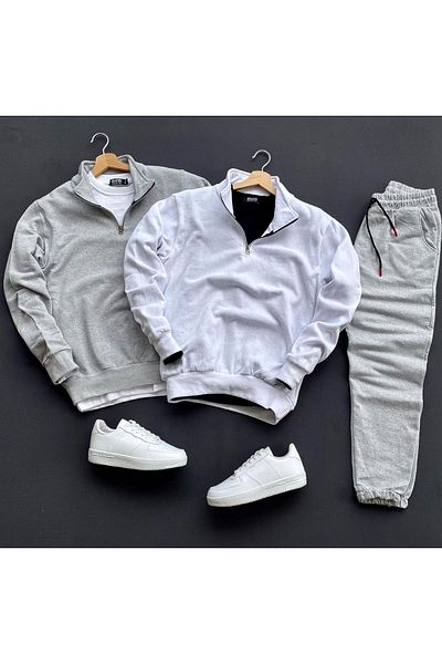 NEW TRENDY COLLECTİON 3-Piece Combination Half Zip Cotton Black Sweat-Cotton Black Sweatpants Set Bottom Top 3