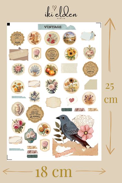 İki Elden Vintage Sticker Set 5 Stickers 200+ Stickers Agenda Notebook Bullet Journal Compatible