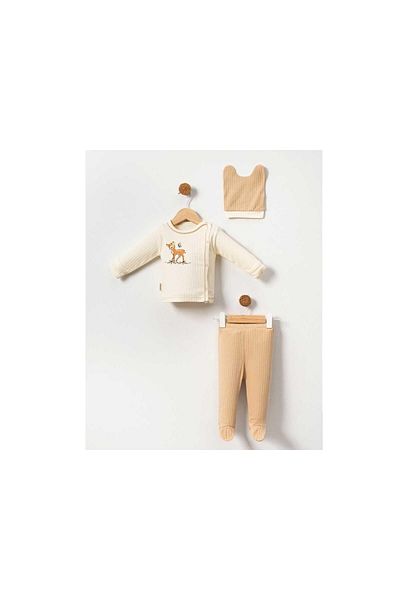 TRENDİMİZBİR Unisex Baby Ceylan Embroidered 3-Piece Hospital Outfit Set - Beige