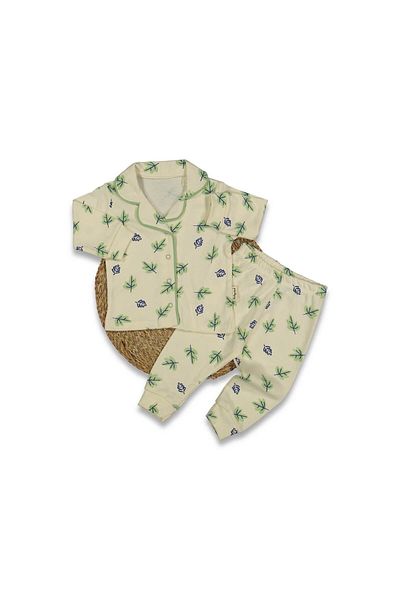TRENDİMİZBİR Unisex Green Leaf Patterned Luxury Pajama Set - 100% Cotton