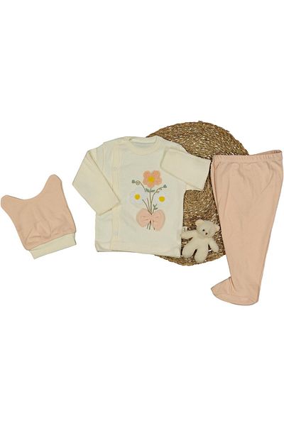 TRENDİMİZBİR Baby Girl Floral Embroidered Buckle 3-Piece Hospital Outfit Set - Salmon