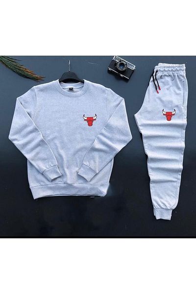 NEW TRENDY COLLECTİON New Season Unisex Bulls Printed Gray Cotton Crew Neck - Gray Cotton Sweatpants Set, 2-Piece