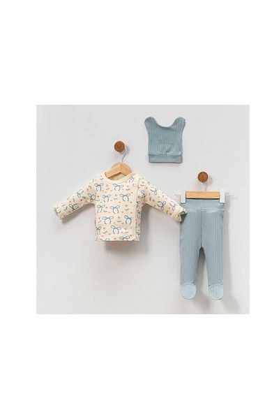 TRENDİMİZBİR Unisex Baby Blue Ribbon Patterned 3-Piece Hospital Outfit Set