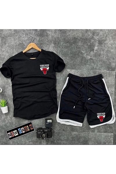 NEW TRENDY COLLECTİON Trend Bulls Printed Slim Fit Oval Cut Tshirt - Πολυεστερικό υφασμάτινο σορτς Interlock 2 Συσκευασία