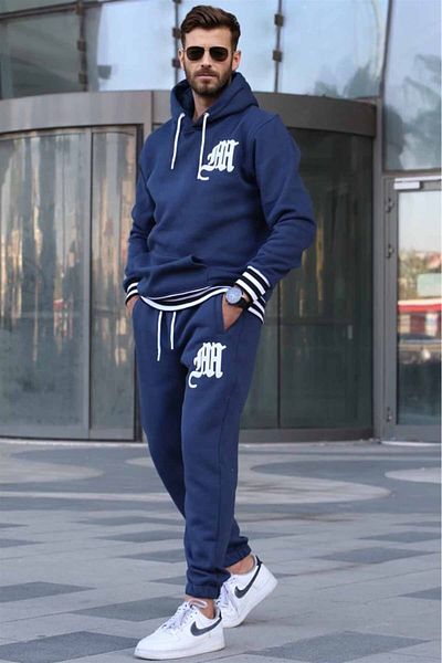 Madmext Σετ φόρμας με κουκούλα Navy Blue εμπριμέ 5909