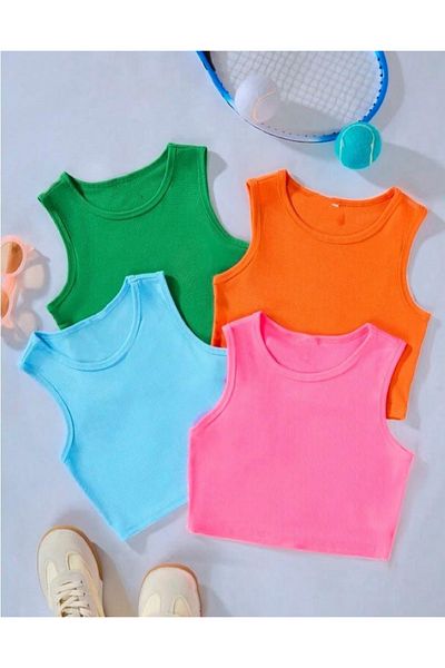BEBEĞİME ÇORAP 4-Piece Girl's Crew Neck Ribbed Crop Tank Top