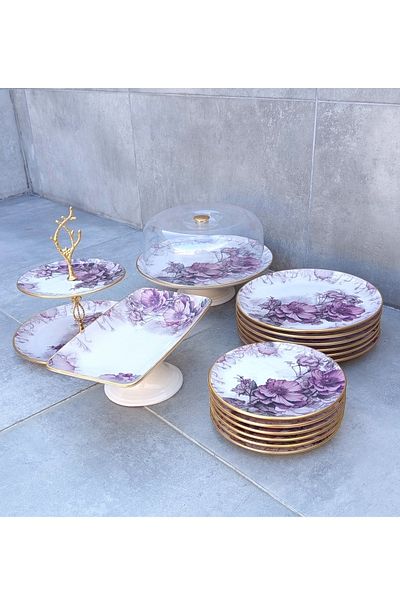 Pinkev 16 Piece 6-Person Purple Floral Ceramic Cake Serving Presentation Plate Set