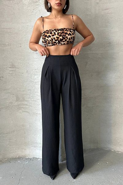 bacc Women's Black Linen Double Pleated Woven Trousers Bchn- 25255046