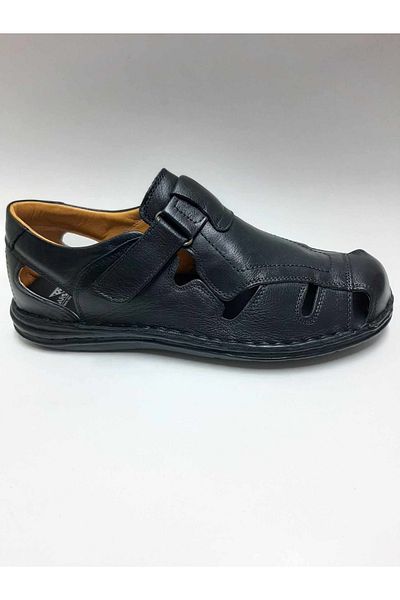Luis Figo Lui̇s Fi̇go Genuine Leather Orthopedic Black Velvet Men's Sandals Number 45-46