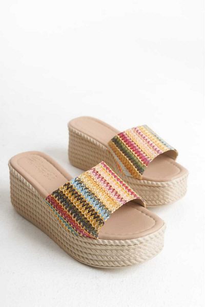 MİSSJENY Γυναικείες παντόφλες Straw Look Single Strap Wedge Heels Nude Color