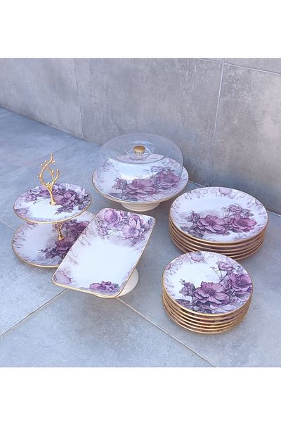 Pinkev 16 Piece 6-Person Purple Floral Ceramic Cake Serving Presentation Plate Set
