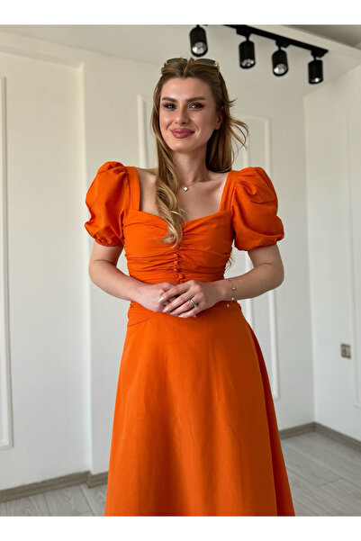 Store Square Neck Button Detailed Midi Dress