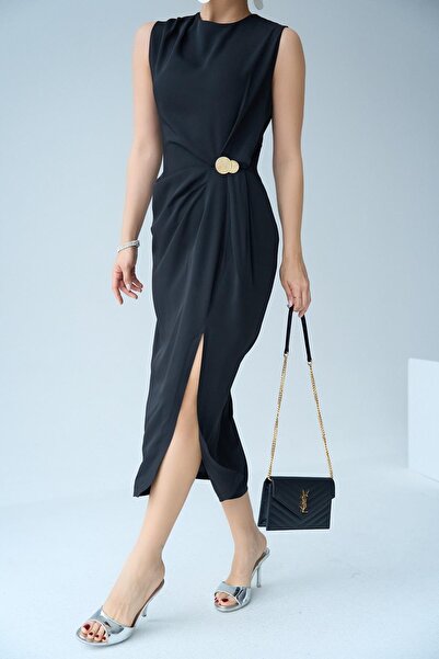 Hazinedan Γυναικείο Μαύρο Ποδηλατικό Λαιμόκοψη Χρυσό Αξεσουάρ Λεπτομερές Σχισ...