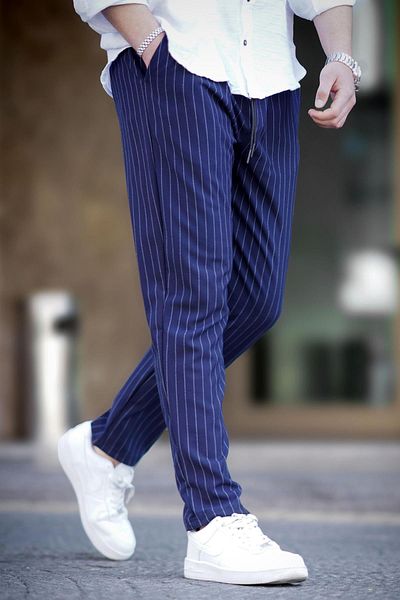 Madmext Navy Blue Striped Men's Fabric Trousers 6537