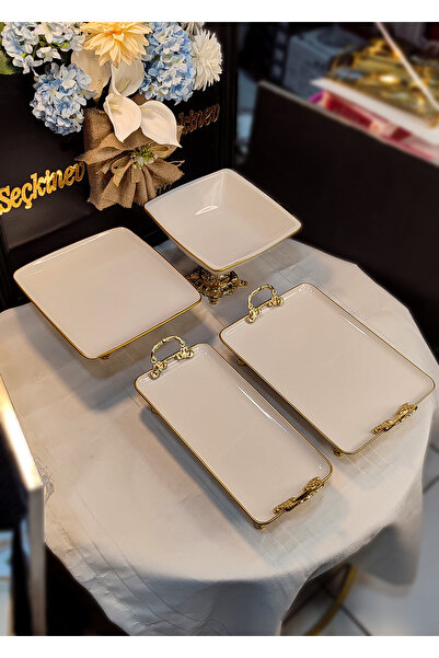 SEÇKİNEV Pisa 4 Parça Ayaklı ve Kulplu Krem(Kırık Beyaz) Porselen Sunum Tabağı Set