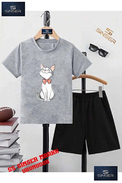 SS SİNSER Tricou cu gât rotund cu imprimeu special pentru copii „CAT BLACK PE...