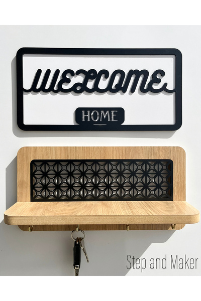 Step and Maker Welcome Home Tablo & Askılıklı Duvar Rafı Duvar Dekor Seti