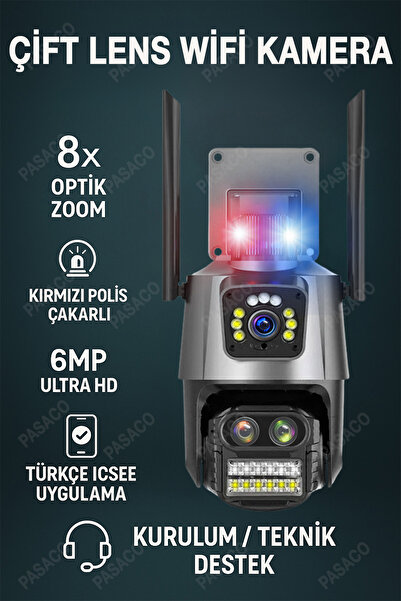 PASACO 6mp 4k Ultra Hd 8x Optik Zoom Çift Lensli Polis Çakarlı Wifi Kamera Ip...